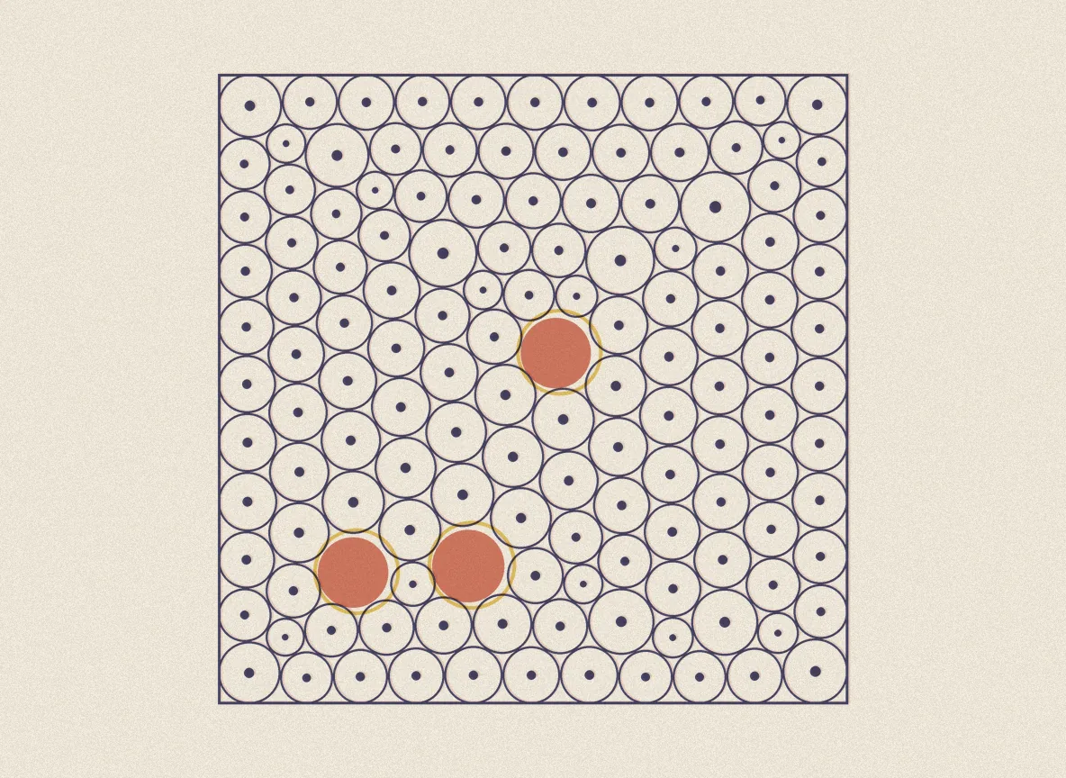 The record packing of 137 circles in a unit square, its three largest circles marked in red.